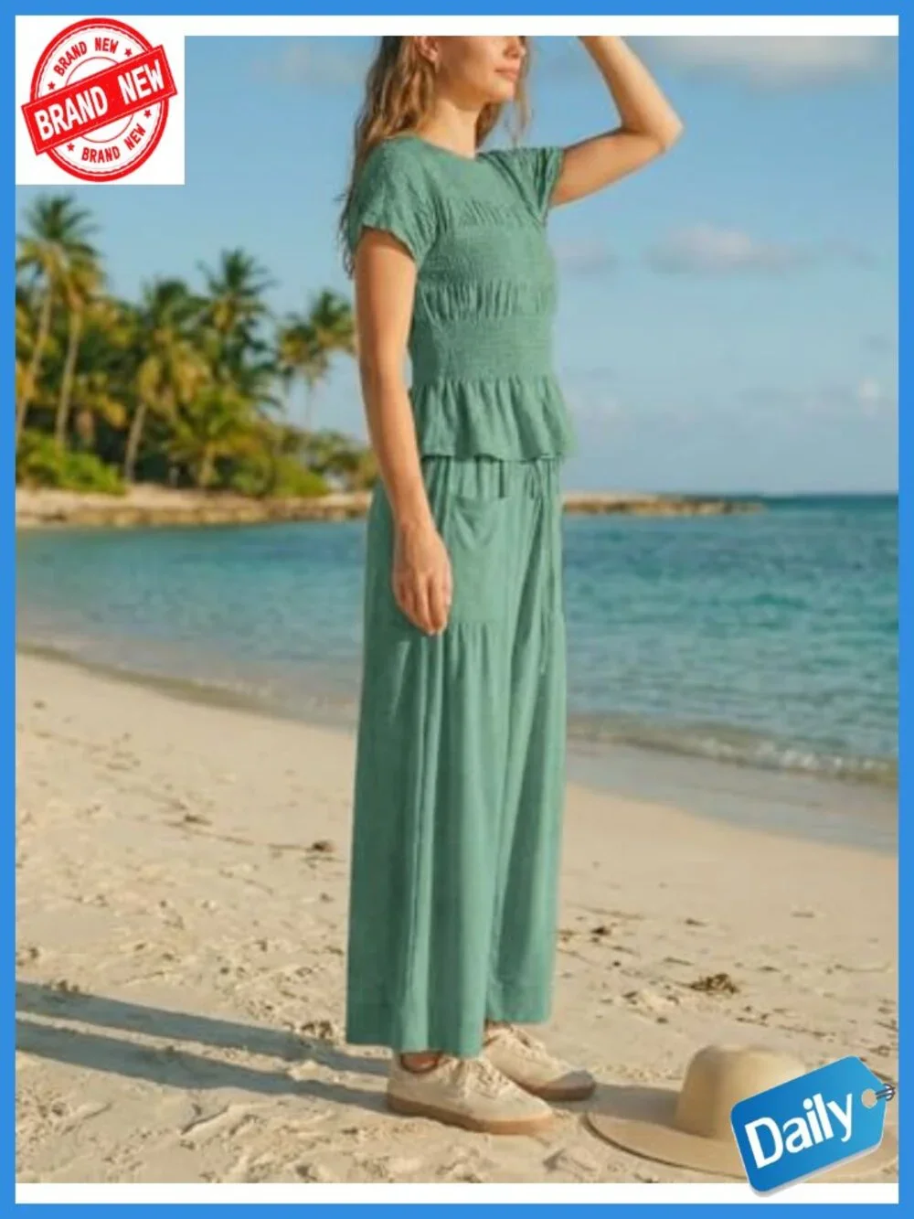 2 Piece Lounge Set Smocked Top Wide-Leg Pants with Pockets